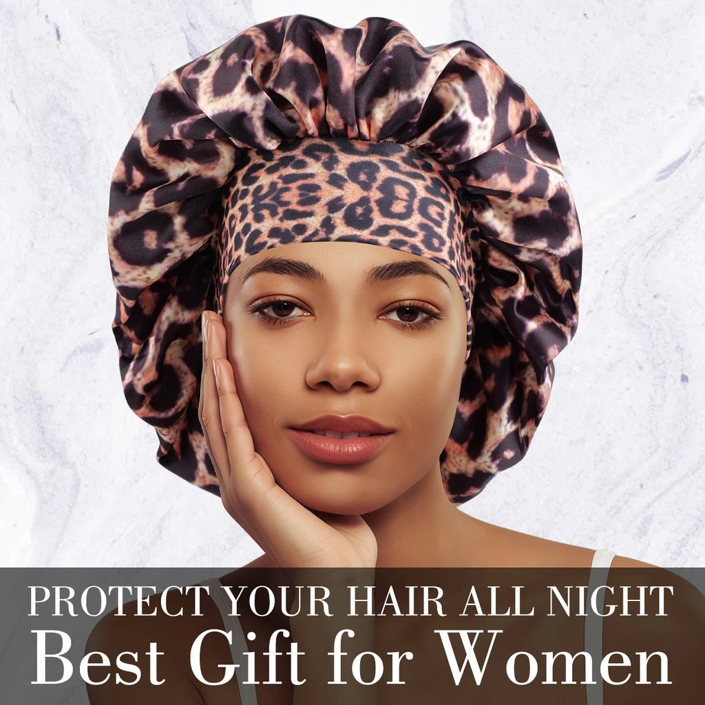 Luxurious Women's Satin Sleep Bonnet All-Over Leopard Print Nightcap for Hair Care And Fashion Style