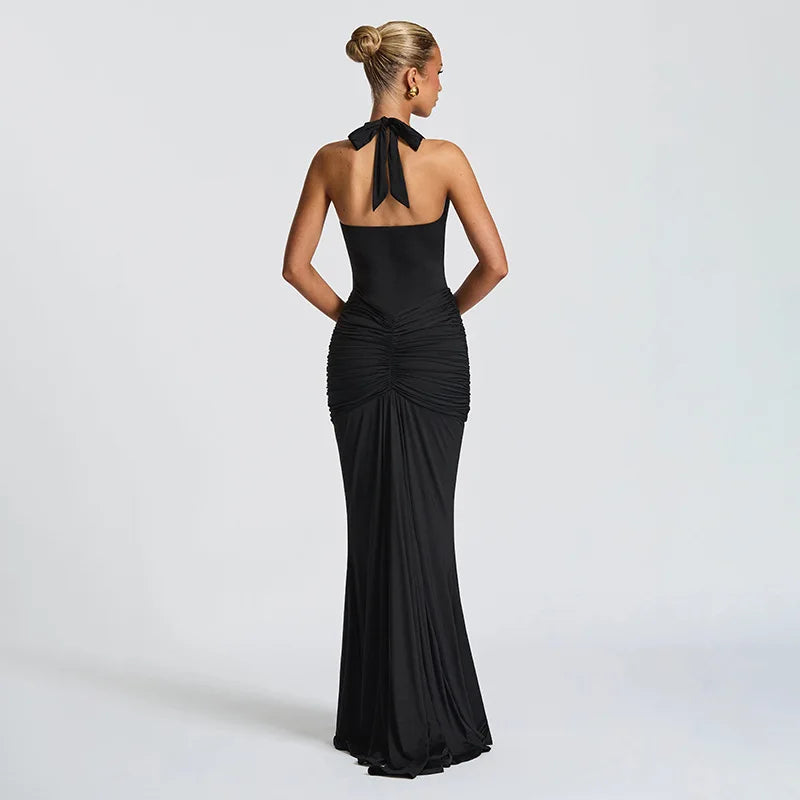 Sexy Deep V-neck Backless Halter Maxi Dresses Women's Sleeveless High Waist Bodycon Pleated Robe 2025 New Evening Party Gown