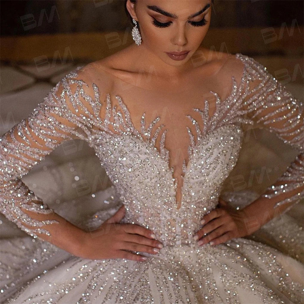 Beaded Sexy Bride Dresses Vestidos De Novia Luxury Hand Beaded Long Sleeve Wedding Dress Ball Gown Long Chapel Train Main image