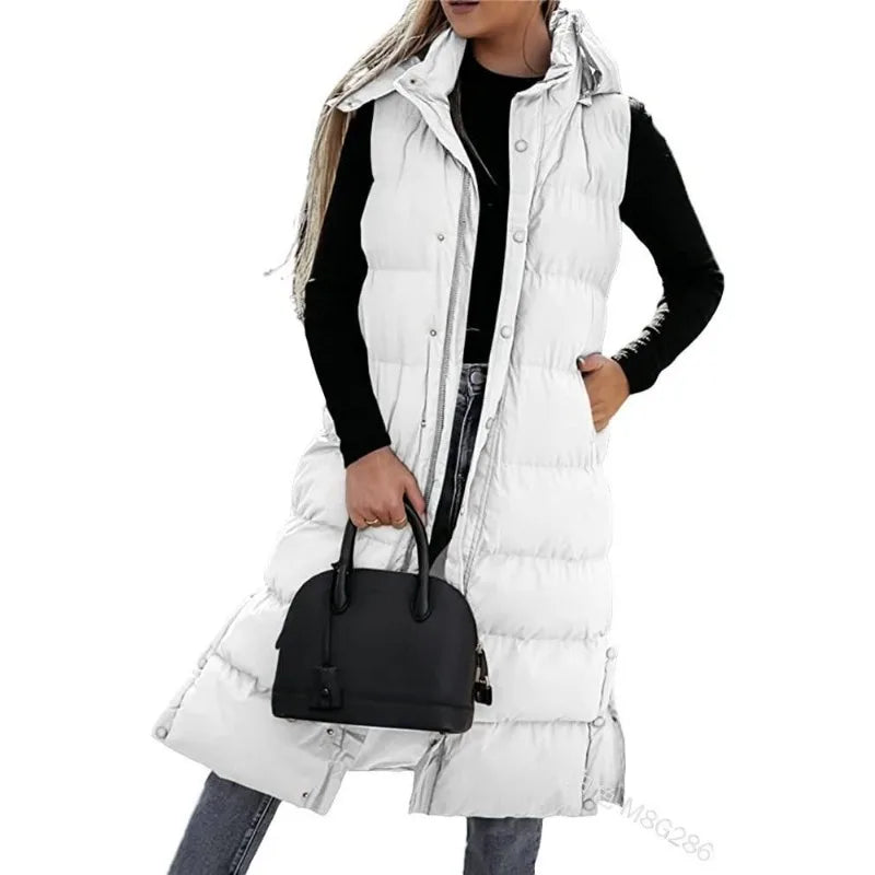 Women Solid Loose Zip Cardigan Parkas 2023 Autumn Winter Parkas Vest Coat Women Sleeveless Hooded Single Breasted Long Vest Coat