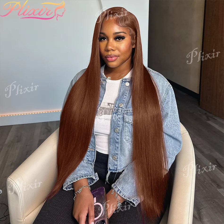 Chocolate Brown Straight 13X6 Hd Lace Frontal Wig Colored 100% Human Hair 13X4 Lace Front Wigs For Women Preplucked 30 36 Inch Main image