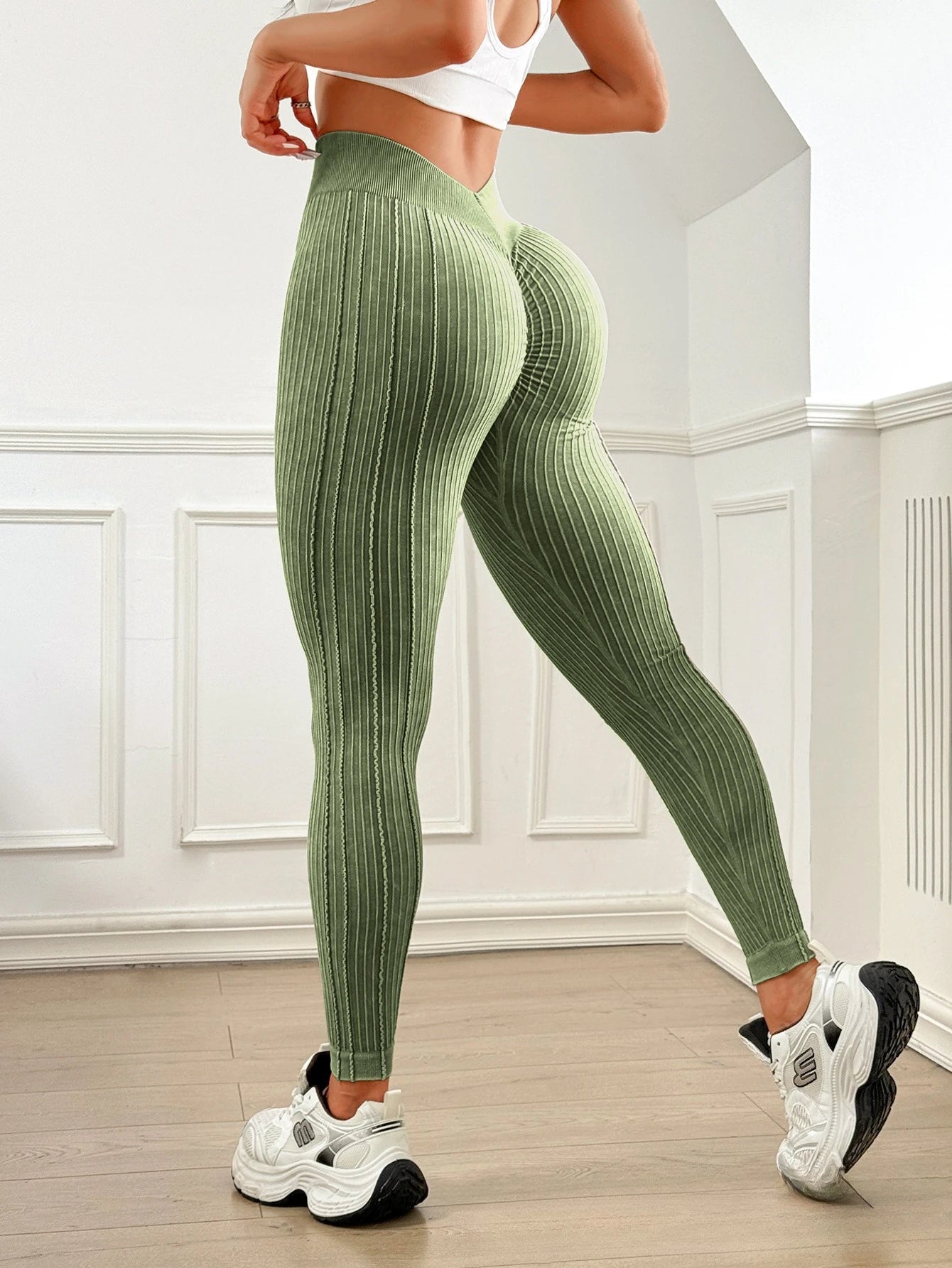 Women High Waisted Sand Washed Ribbed Leggings V Shaped Waistband Peach Hip Lifting Yoga Fitness Pants Stretchy Workout Leggings