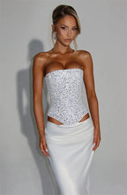Mozision Sequins Sexy Dress Set Women Sparkle Scarf Collar Crop Tops And Maxi Skirt Elegant Club Party Satin Skirt Matching Set