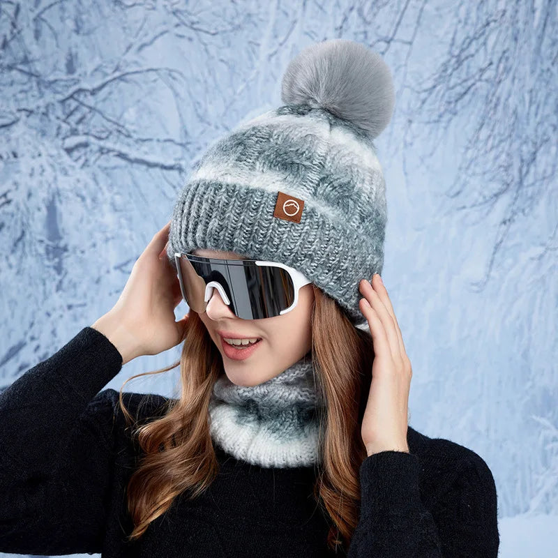 Winter Lady Warm Hat Scarf Two-piece Set Fleece Thickened Gradual Change Color Knitted Skiing Hat Fashion Pullover Hat for Women