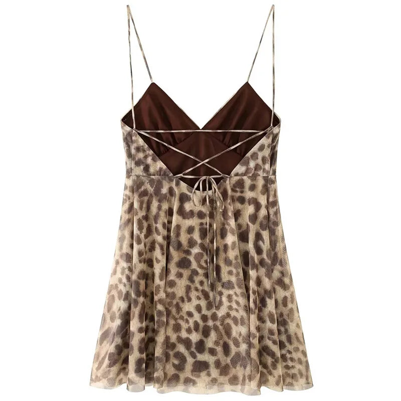 HXAO Womens Leopard Slip Dresses Summer 2025 Mini Tulle Print Backless Dress Vintage Mesh Sleeveless Vestidos Chic Resort Dress Secondary image