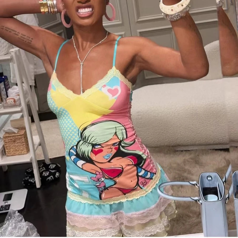 HLJ&GG Y2K Fashion Lace Splicing Bodycon Spaghetti Strap Mini Dresses Women Sleeveless Backless V Neck Slim Vestidos Streetwear