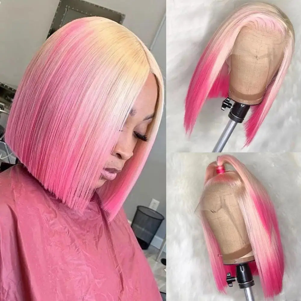 Straight Pink Ombre Short Bob Wig 13x4 Lace Front Human Hair Wigs Brazilian Remy 613 Colored Human Hair Wigs For Women 180% Secondary image