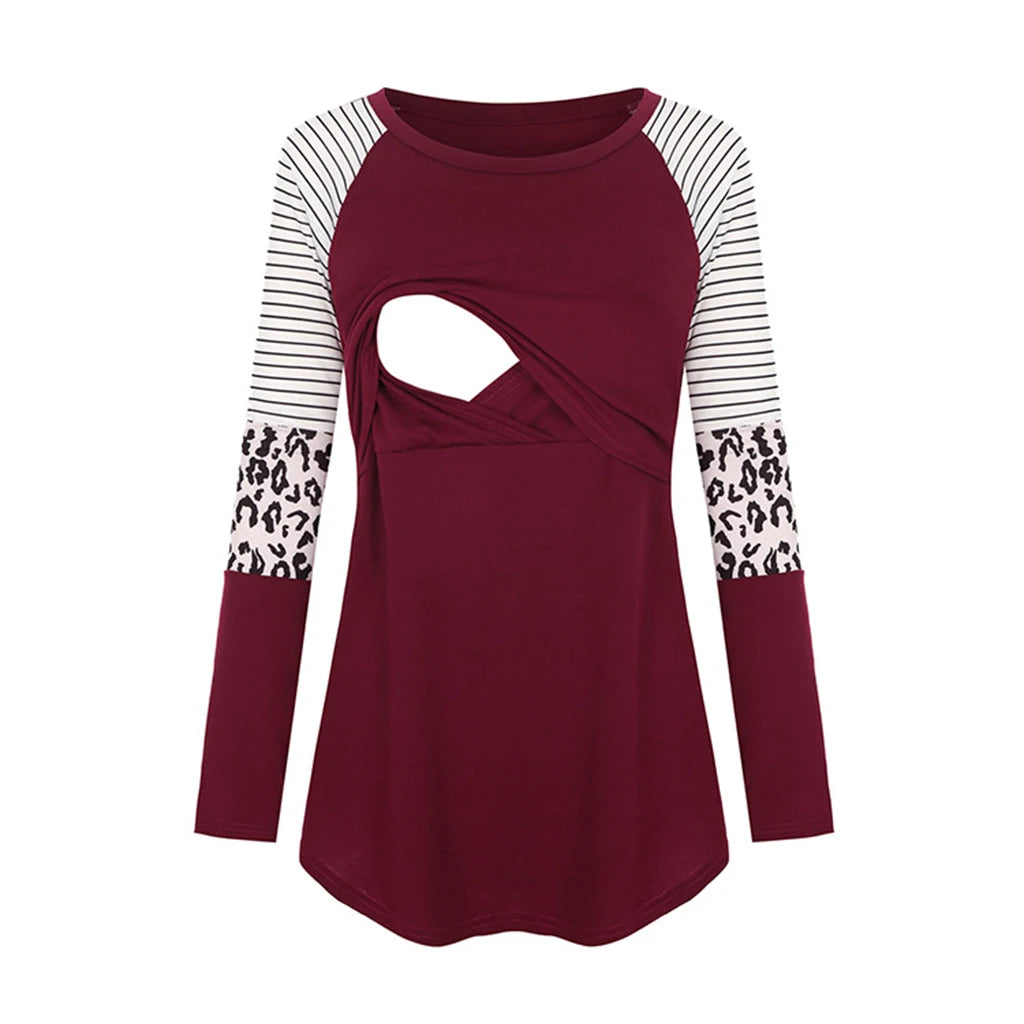 Women Maternity Long Sleeve Nursing Patchwork Color Tops Breastfeeding Blouse Secondary image