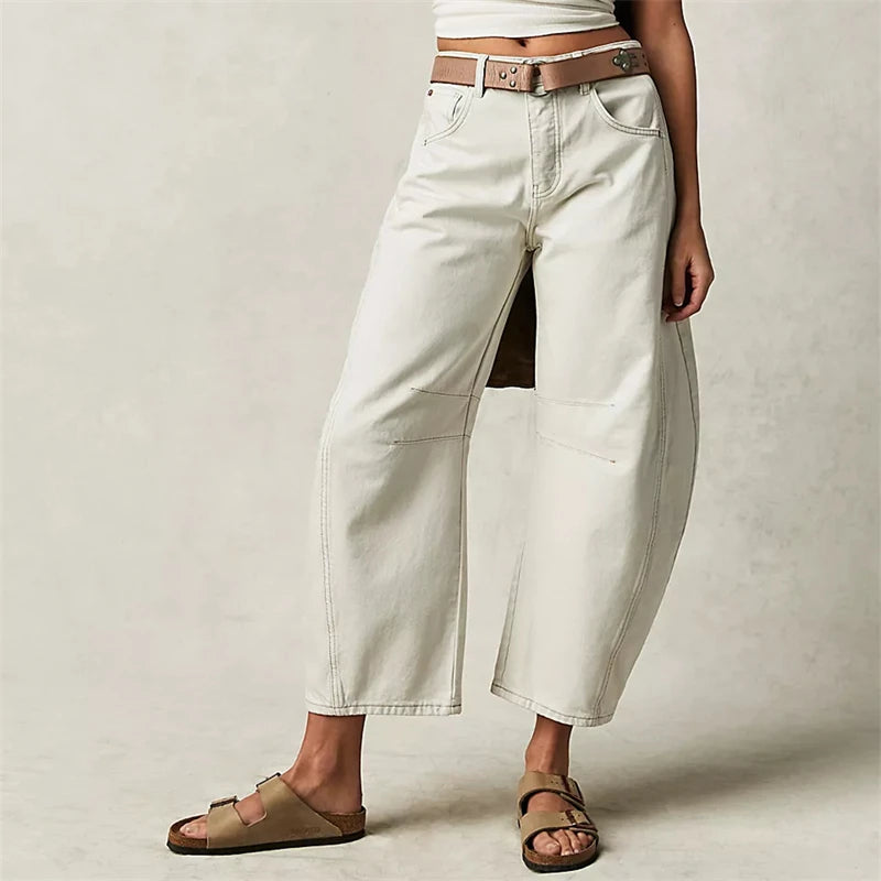 Midiross High Stretch Mid-Rise Barrel Jeans Fashion wide Leg Shape Women Casual Baggy Mid Waist Denim Pants