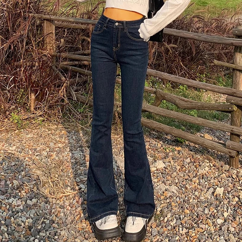 High Waist Flare Jeans - Elastic Bell Bottom Denim Pants