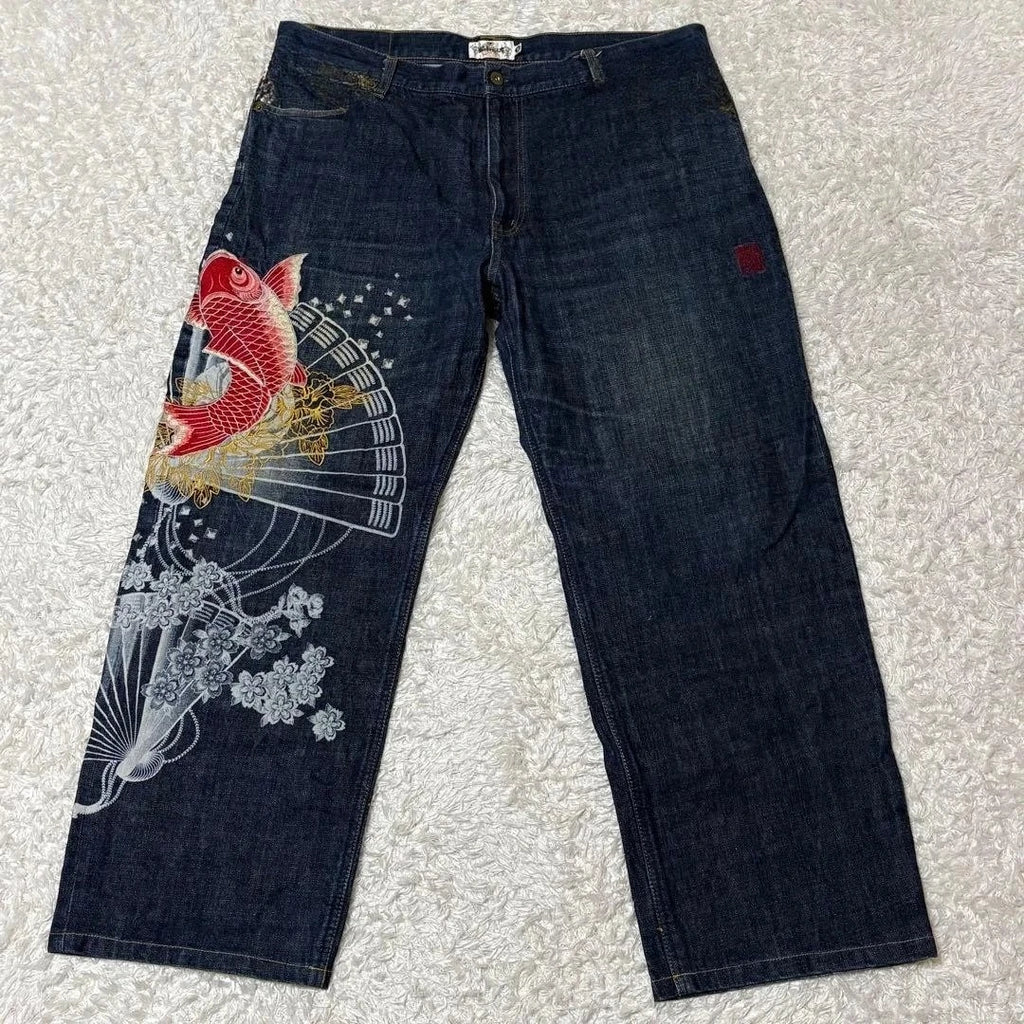 American Japanese Retro Selvedge Jeans Man Y2K High-end Brand Natural Indigo Dip Dyeing Harajuku Mopping Pants
