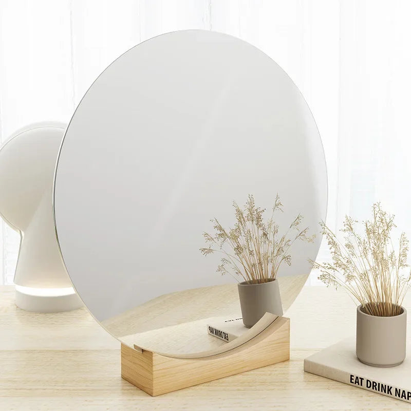 Dresser Vanity Makeup Mirror with Wood Stand, 360 Degree Rotating Compact Cosmetic Mirror, Portable Counter-top Mirror Bath Gift
