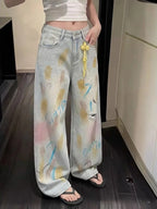 2026 Trend Y2K Style Graffiti Design Vintage Blue Baggy Women's Ripped Jeans Pants For Woman Clothing Straight Denim Trousers