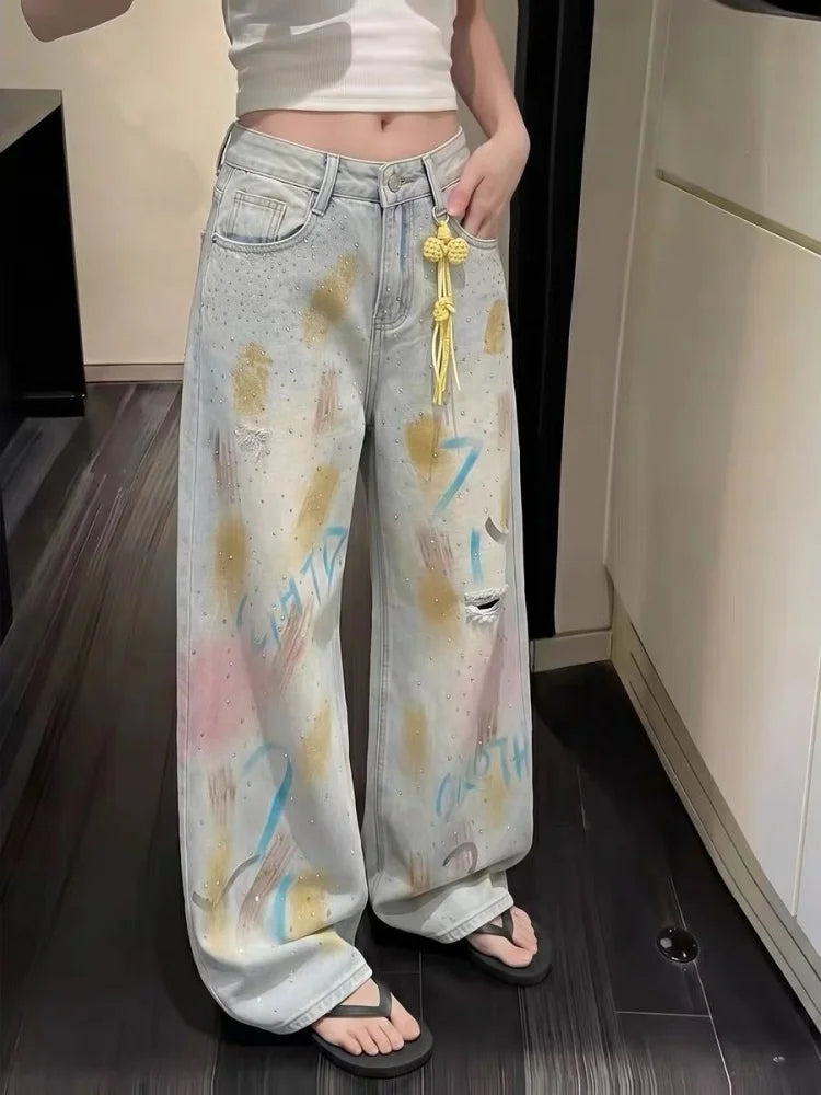 2026 Trend Y2K Style Graffiti Design Vintage Blue Baggy Women's Ripped Jeans Pants For Woman Clothing Straight Denim Trousers