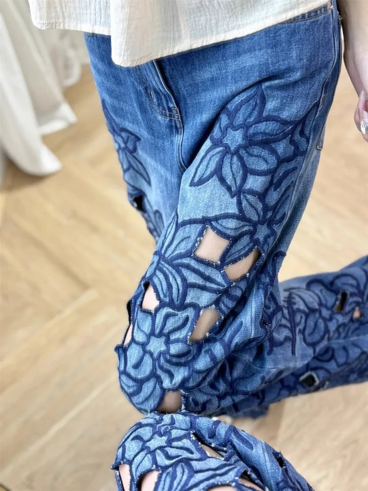 Summer Women Jeans Floral Embroidery Straight Trousers Designer Streetwear Casual Hollow Out Vintage High Waist Denim Long Pants
