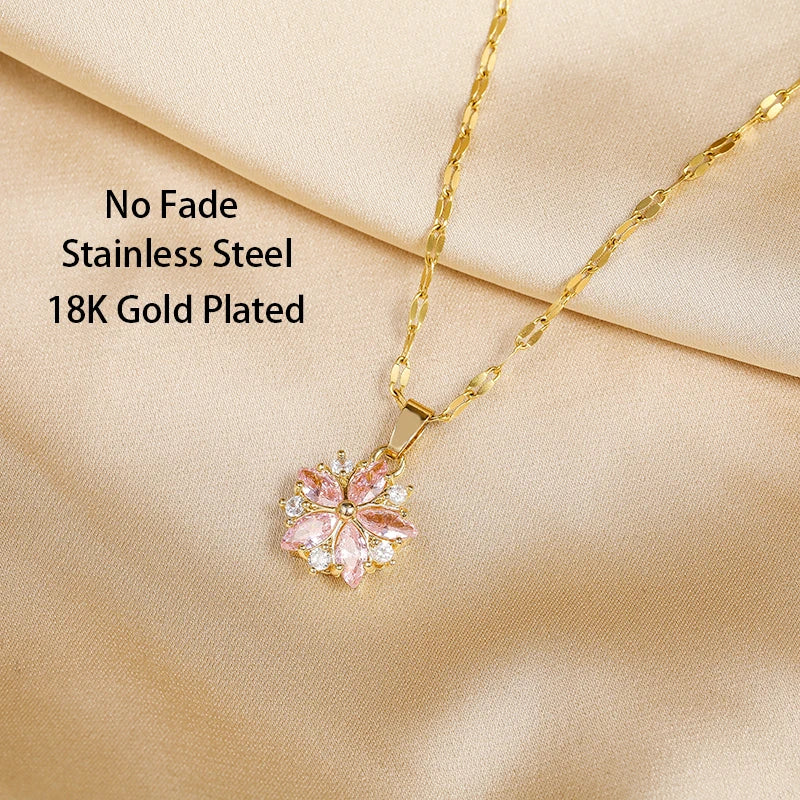 New Cute Romantic Pink Sakura Pendant Stainless Steel Necklaces For Women Korean Fashion Female Sexy Clavicle Chain Jewelry Gift Main image