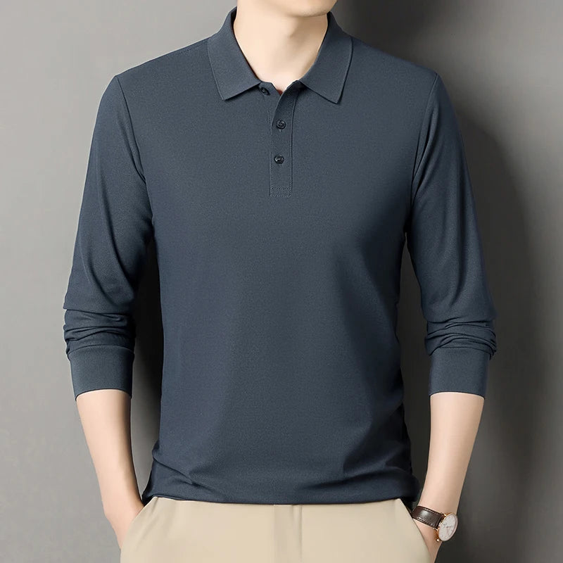 Autumn new men's long sleeved cotton polo shirt, middle-aged business, comfortable, solid color, loose men's lapel T-shirt