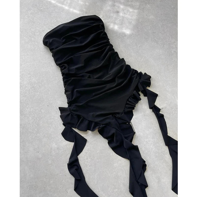Women Strapless Sexy Floral Fold Hemline High Slit Mini Dress  2026 Solid Backless Sleeveless Black And Pink Party Dress Vestidos