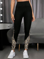Women Printed Yoga Leggings Leopard Splicing Together Leggings High Waist Butt Lift Fashion Fitness Running with Pocket Legging