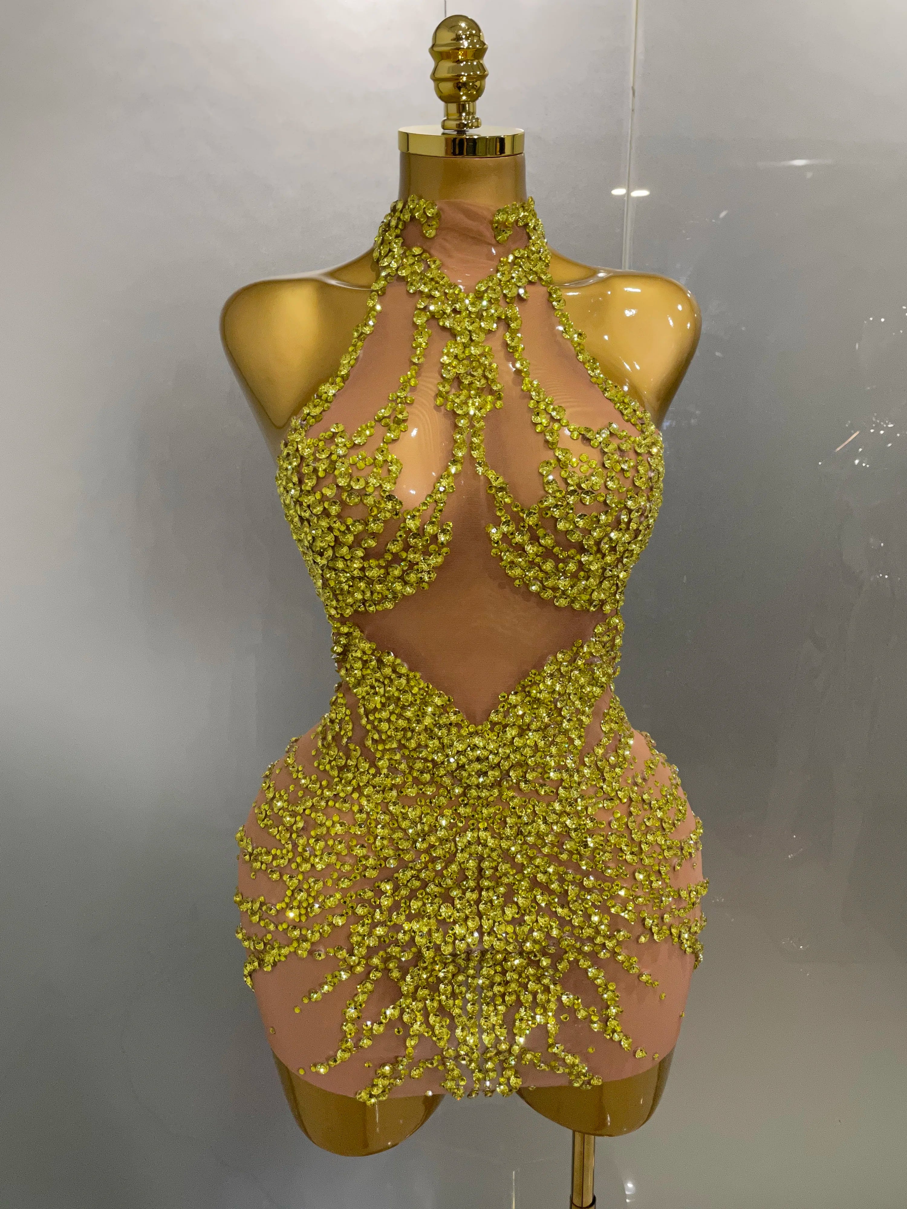 STOCK Sparkly Rhinestones Sexy Mesh See Through Dress Party Evening Prom Celebrate Birthday Dress Singer Dancer Show Stage Wear