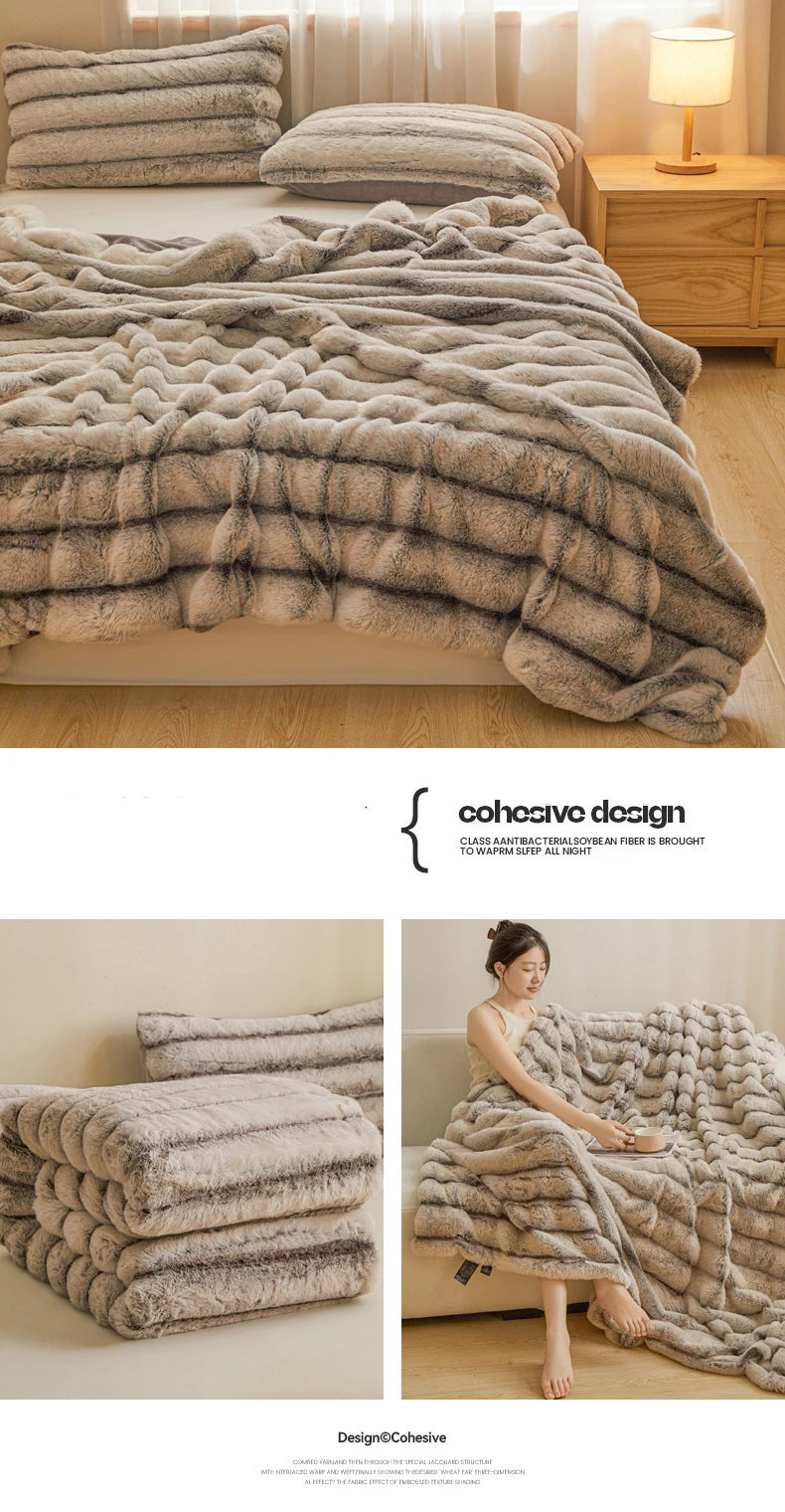 Ultra Soft Luxury Flffy Faux Rabbit Fur Blanket, Thick Winter Warm Throw Blankets, Plush Cozy Bubble Fleece Blankets Home Decor