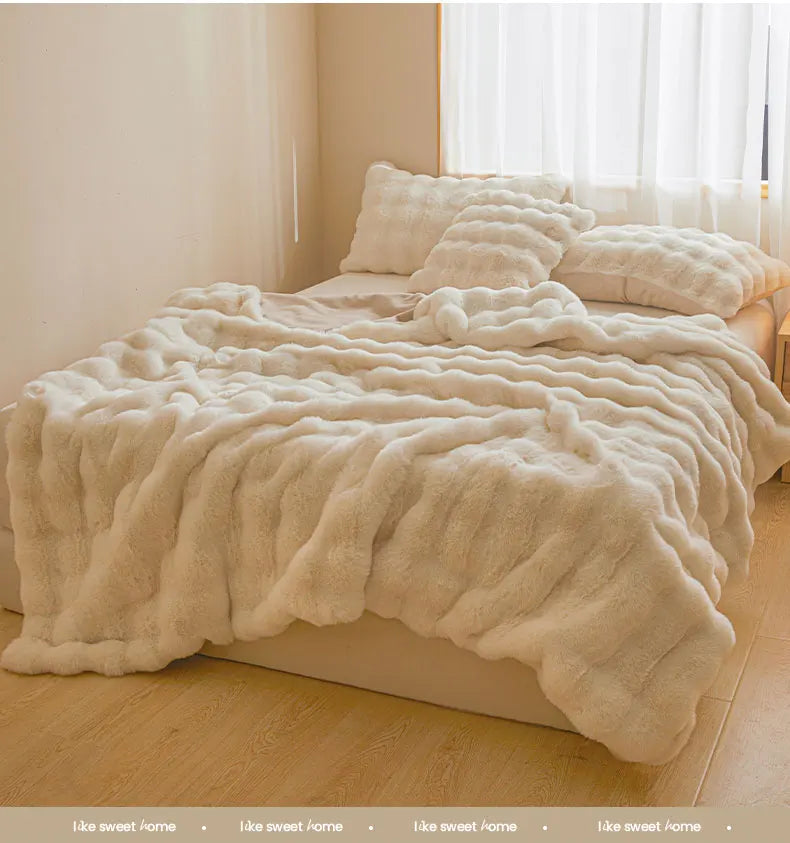 Ultra Soft Luxury Flffy Faux Rabbit Fur Blanket, Thick Winter Warm Throw Blankets, Plush Cozy Bubble Fleece Blankets Home Decor