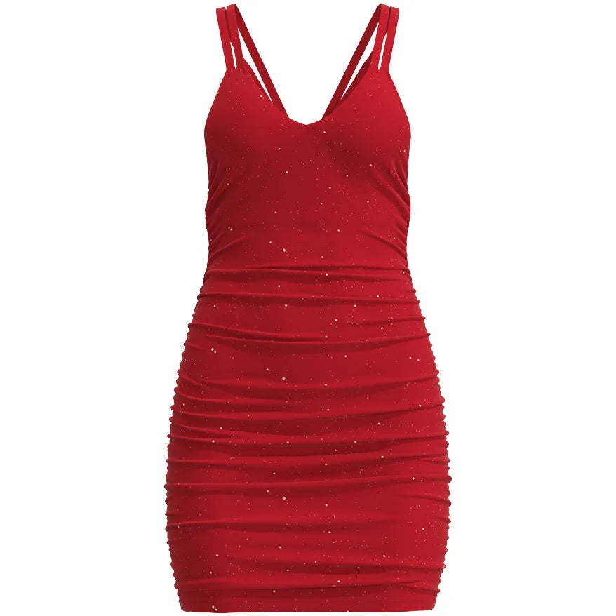 Sexy Sleeveless Sequin Mini Dress Women 2026 Summer Fashion V-neck Solid Color Party Nightclub Vestidos Elegant Evening Dresses