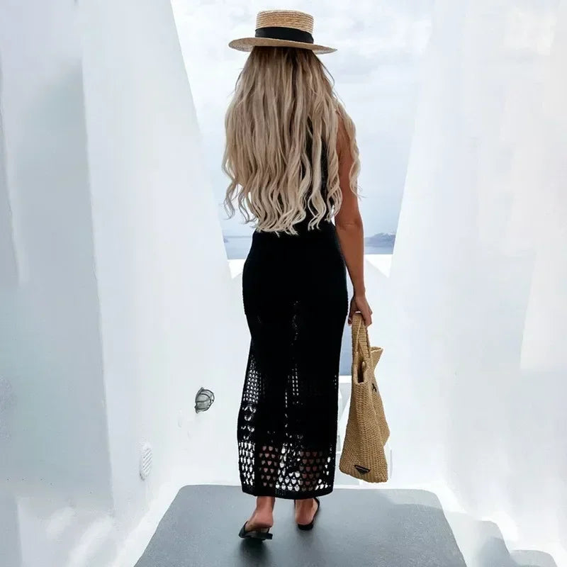 Women Swimsuit Cover Up Beach  Dress Robe Beachwear High Split Sheer Bikini Cover-ups 2 Pieces Set Knitting Dresses Secondary image