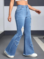 Y2K Blue Stretchy Heart Shaped Flared Jeans High Waist Retro Fashion Trendy Elastic Trousers for Women