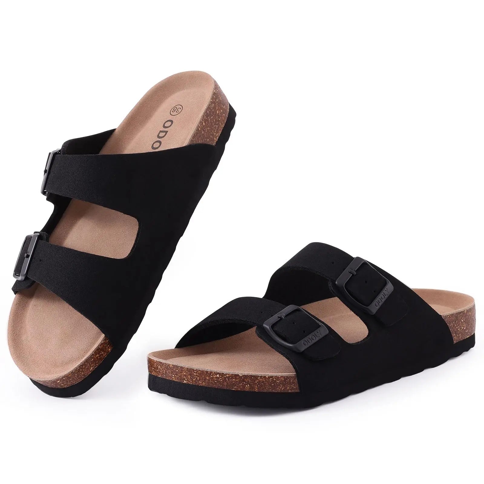 Comwarm Fashion Men Leather Sandals Summer Cork Footbed Slide Sandals Beach Sandals Unisex Brand Sandals with Adjustable Buckle