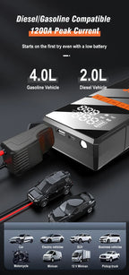 EAFC 1200A Smart Car Jump Starter with 150PSI Air Pump -8000mAh Power Bank  LED Light Smart Inflate for Cars Motorcycles Trucks