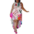 Trendy plus size high-low dress with a retro newspaper print design, bringing a fashionable, vintage vibe.