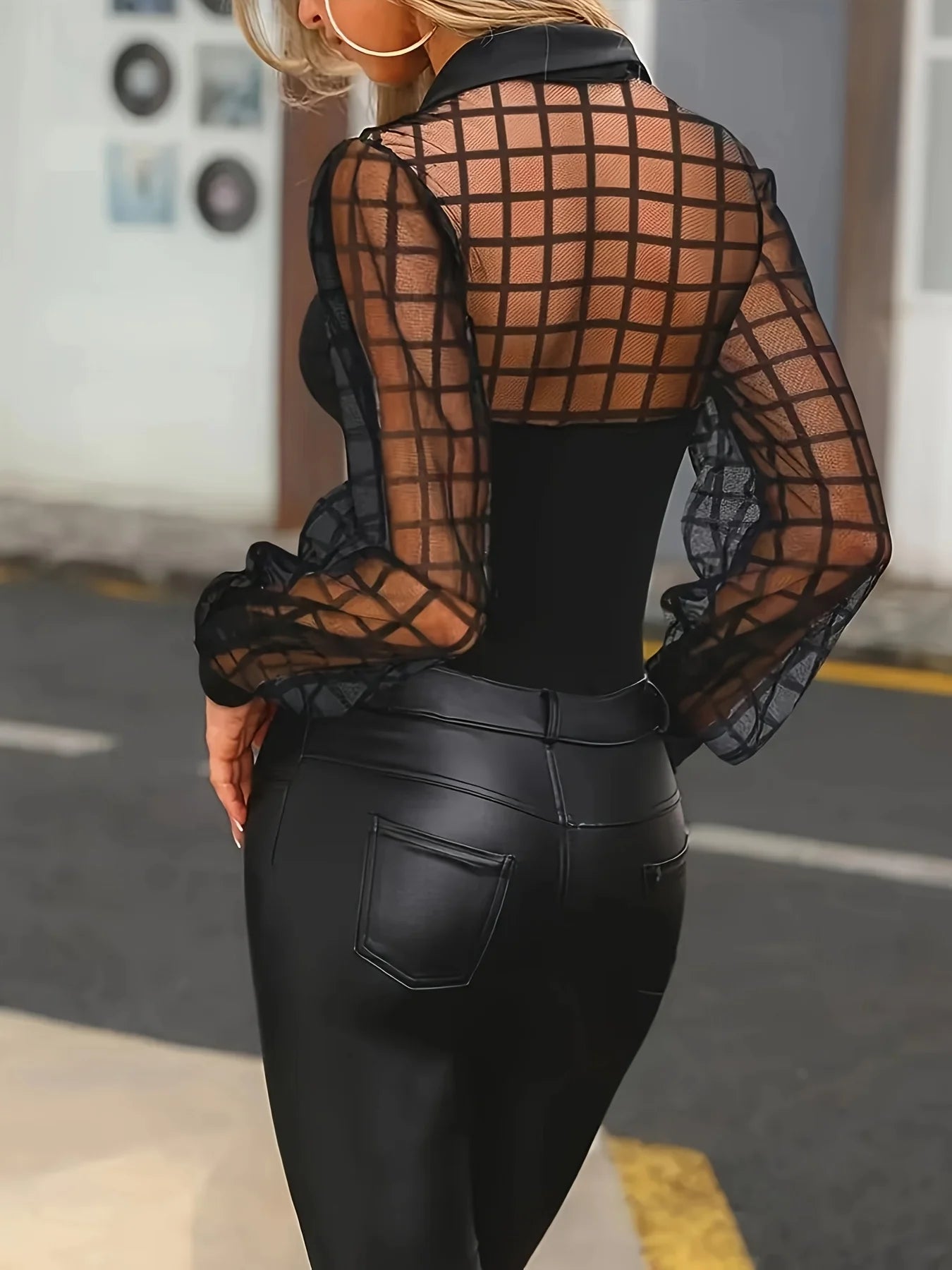 Ladies' fashionable temperament elegant lapel mesh splicing long sleeved shirt t-shirt Secondary image
