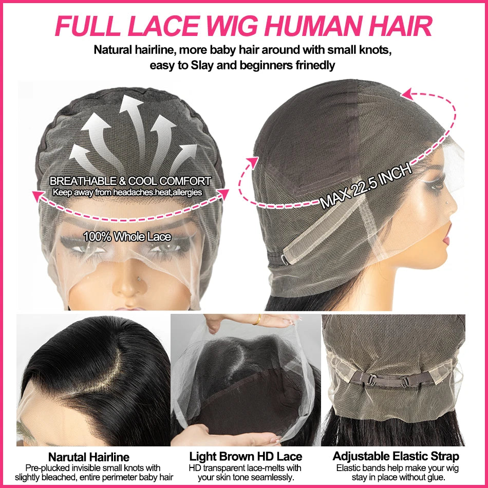 Straight 250 Density Real Full Lace Human Hair Wig Brazilian Pre Plucked 360 HD Full Lace Invisible Strap Snug Fit Wig For Women