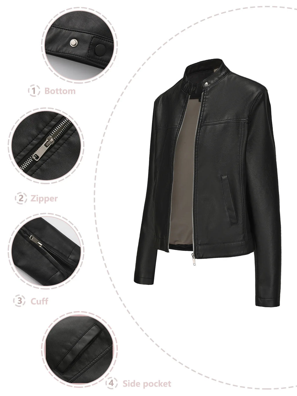 Black Women's Fitted Leather Jacket with Front Zipper & Side Pockets‌, Available in Brown, Navy Blue, and Beige.