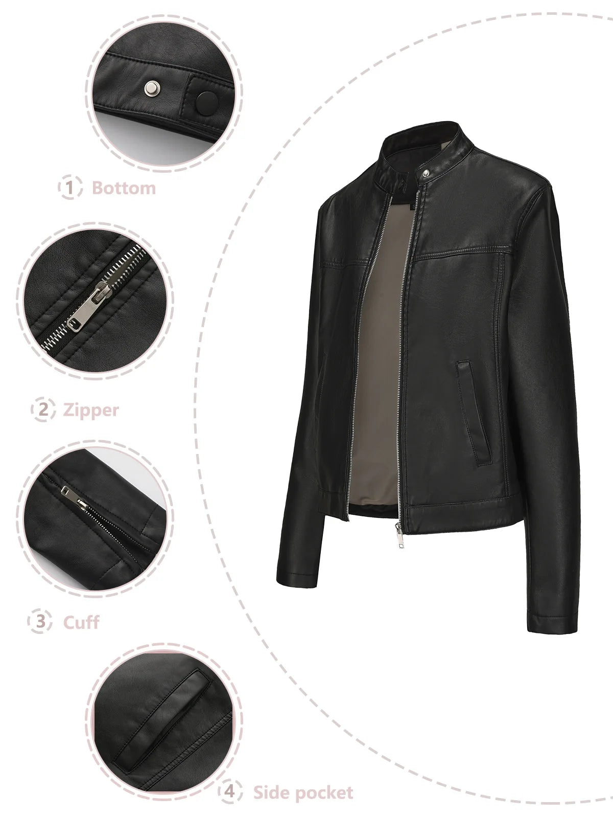 Black Women's Fitted Leather Jacket with Front Zipper & Side Pockets‌, Available in Brown, Navy Blue, and Beige.
