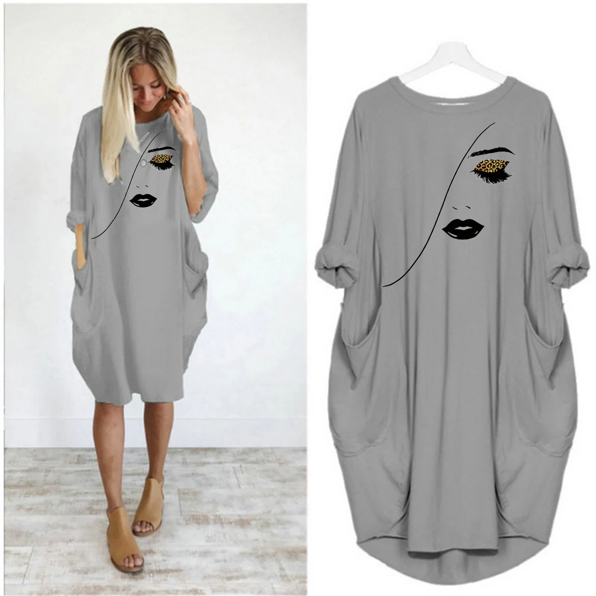 Women's Spring and Summer Sketched Portrait Pattern Printed Casual Fashion Loose Large Size Long Sleeve Pocket Dress Main image
