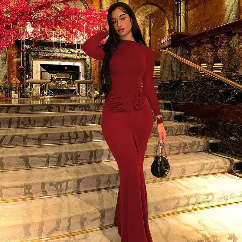 Hugcitar Autumn Solid Long Sleeve Draped Sexy Bodycon Maxi Prom Dress Women Fashion Y2K Outfits Evening Party Festival Club