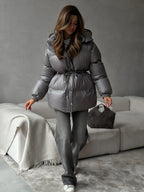 Bornladies Drawstring Slim Fit Cotton Jacket Women's  Winter New Hooded Zipper Cotton Robe Comfortable Warm Bread Jacket