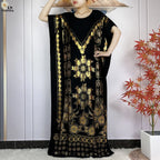 New Summer Short Sleeve Robe Cotton Loose Lady Dress With Big Scarf Gold Stamping Boubou Maxi Islam Women African Abaya Clothing