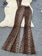 SINGREINY 2026 Newest Leopard 2pcs Suits Women Sexy Strap Tops+Elastic Waist Flared Pants American Ins Fashion Hotsweet Sets