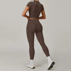 2 Pieces Women Yoga Set Workout Sportswear Gym Clothing Fitness Short Sleeve Crop Top High Waist Leggings Sport Suits