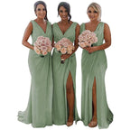 Elegant Bridesmaid Dresses 2026 Wedding Banquet V-Neck Sweep Train Sleeveless Simple A-line Split Backless Evening Dress