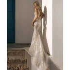 Fashion Wedding Dresses Lace Appliques V-Neck Beads Pearls Bride Gowns Mermaid Custom Made Sweep Train Beach Vestidos De Novia
