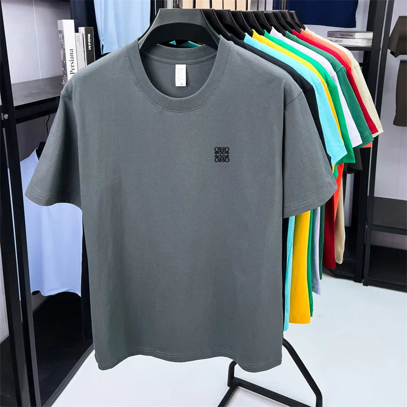 Summer Luxury 100%cotton Man Short-Sleeved T-Shirt Round Neck Delicate Embroidery Absorb Sweat Ventilate Leisure Men's Clothing