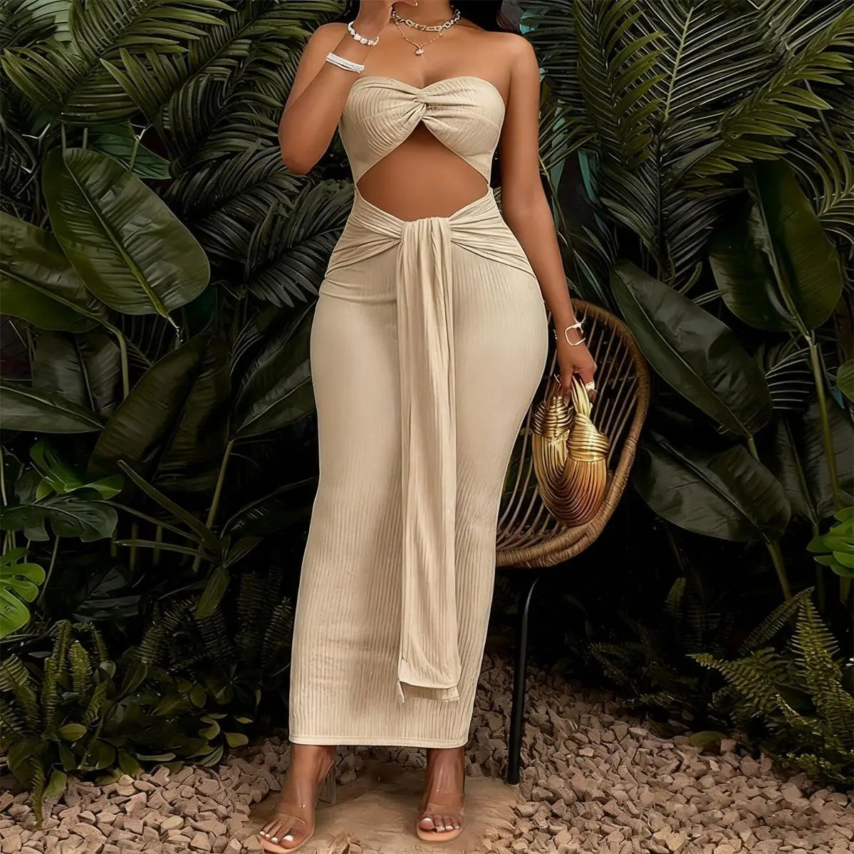 Sexy Backless Cutout Maxi Dress Solid Color High Slit Summer Sleeveless Elegant Y2K Style Women Party Dress