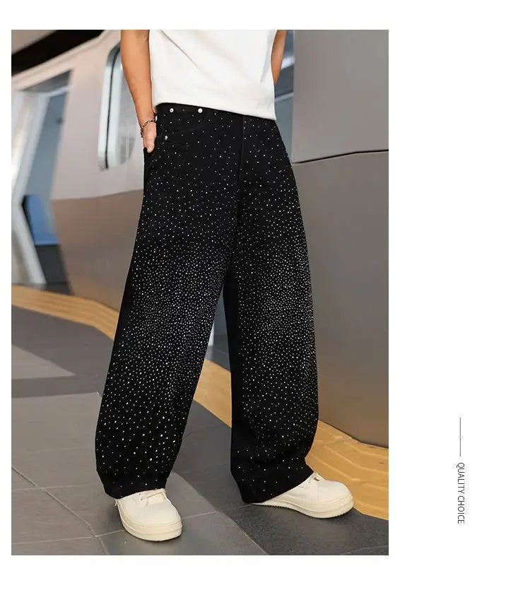 Spring/Summer Rhinestone Straight Leg Jeans Retro Loose Fit Slimming Pants Casual Korean Style Long Pants