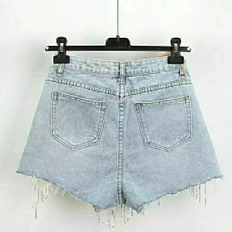 Diamond Tassel Pocket Women Jeans Denim Shorts Y2K High Waist Pants Fashion Summer Slim Fit Casual Ripped Jeans Femme HOT SALE