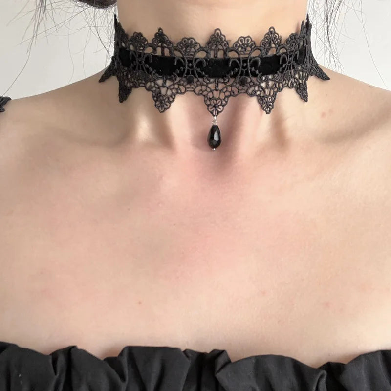 2026 New Sexy Lace Flower Necklace for Women Gothic Punk Velvet Collar Choker Black Waterdrop Pendent Necklace Strap Bow Jewelry Secondary image