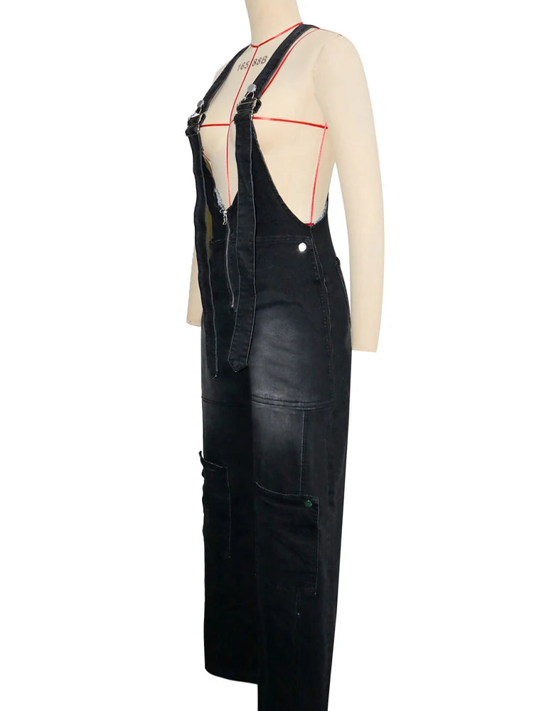 Summer Fashion Loose High Waisted Zip Denim Overalls Women Clothes Multi Pockets Cargo Jeans Trousers Casual Wide Leg Jumpsuits